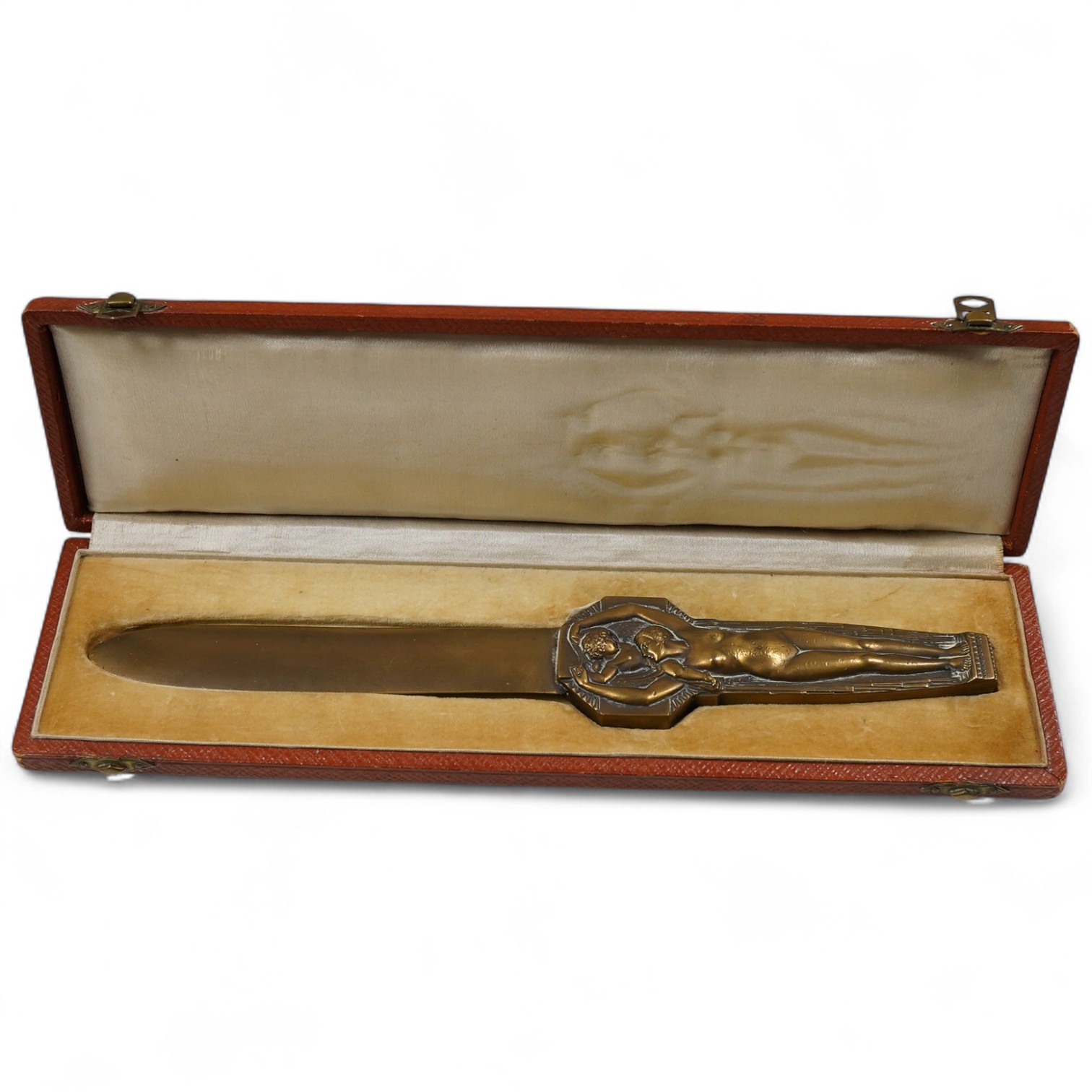 Lucien Bazor (1889–1974), an Art Deco bronze paper knife, signed, cased, 25cm in length